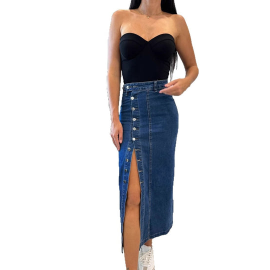 Damen Baumwoll-Denimrock mit Knopfleiste und Schlitz