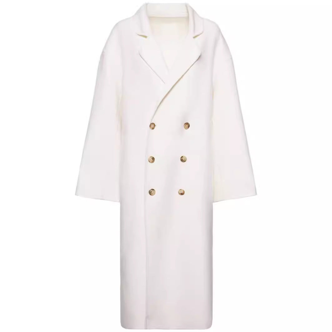 Damen Oversize Zweireihiger Longcoat mit fallender Schultersilhouette und goldenen Zierknöpfen Shop Nory