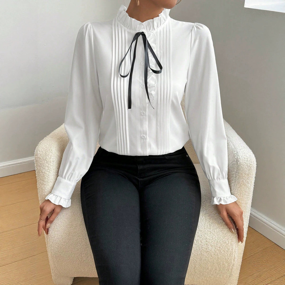 Damen Rüschenbluse mit Stehkragen, Längsfalten und Schleifenband Shop Nory