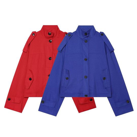 Damen Boxy-Cropped Jacke mit Stehkragen Schulterpatten und Pattentaschen Shop Nory