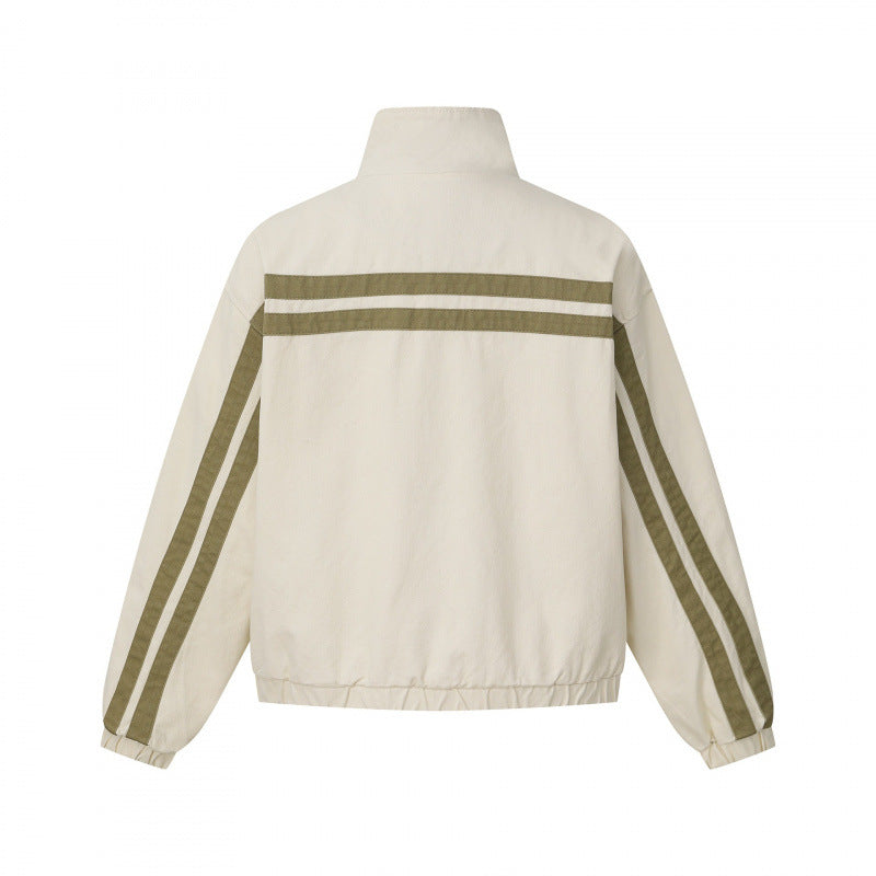 Unisex Kurz geschnittene kastige Blousonjacke mit Stehkragen, doppeltem Streifendetail und kariertem Innenfutter Shop Nory