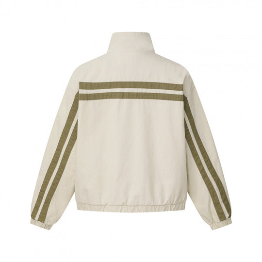 Unisex Kurz geschnittene kastige Blousonjacke mit Stehkragen, doppeltem Streifendetail und kariertem Innenfutter Shop Nory