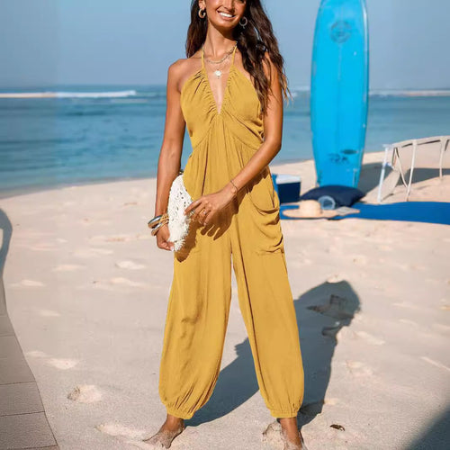 Damen lässiger Jumpsuit mit tiefem Ausschnitt und praktischen Taschen