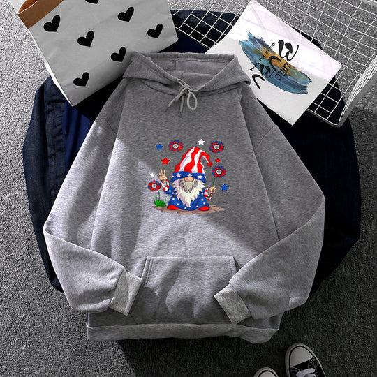 Damen nan Kapuzenpullover mit patriotischem Gartenzwerg-Print, angerautem Fleece-Innenfutter, Oversize-Schnitt und Kängurutasche Shop Nory