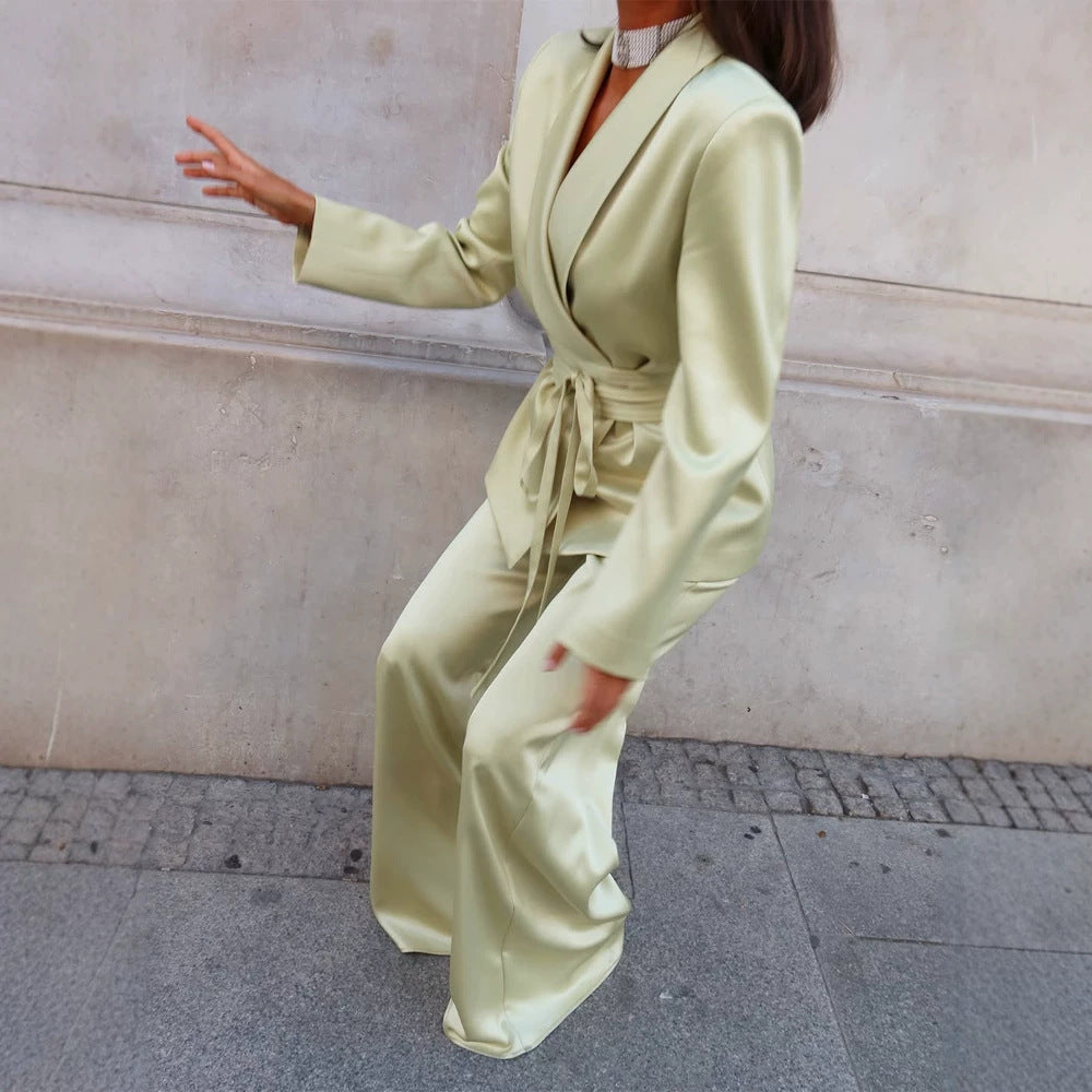 Damen Satin-Zweiteiler mit tailliertem Wickelblazer und weiter Palazzo-Hose Shop Nory