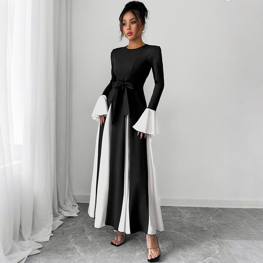 Damen Abendkleid mit tailliertem Corsagen-Oberteil, langen Ärmeln und kontrastierenden Volantmanschetten Shop Nory