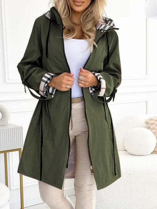Damen nan taillierter Regenparka mit Kapuze kariert gefütterter Innenkragen und Tunnelzug Shop Nory