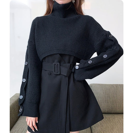 Damen Kurzgeschnittener Rollkragen-Bolero-Überwurf mit langen Ärmelknöpfen Shop Nory