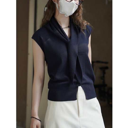 Damen Ärmellose Feinstrick‑Weste mit V‑Ausschnitt, Knopfleiste und Bindeband‑Taille Shop Nory