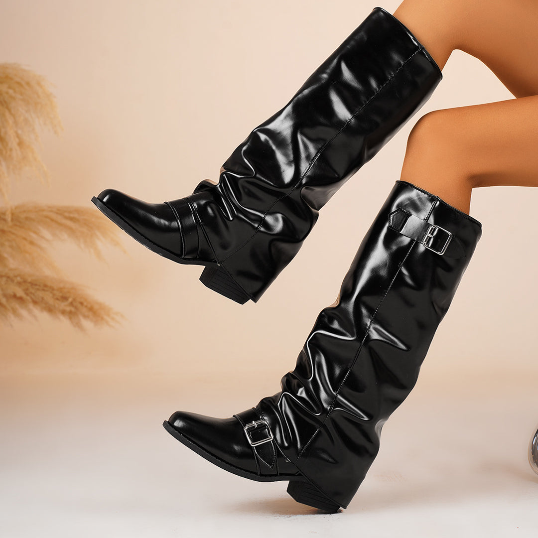 Damen kniehohe Lackstiefel mit Schlupfschaft und verstellbaren Schnallen Shop Nory