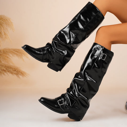 Damen kniehohe Lackstiefel mit Schlupfschaft und verstellbaren Schnallen Shop Nory