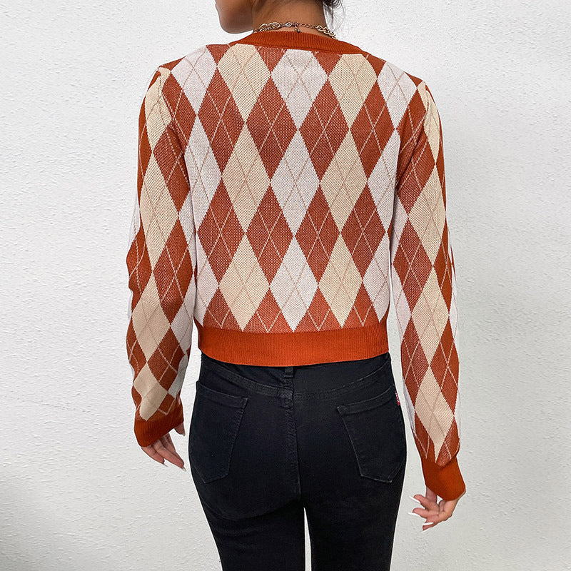 Damen Taillierter Kurzpullover im Rautenmuster mit Feinstrick und Rippbündchen Shop Nory