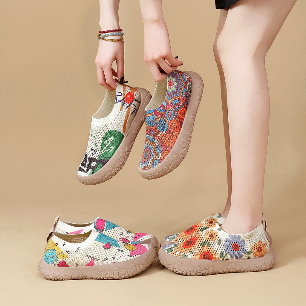 Damen Slip-On Freizeit-Schuhe mit Blumenmuster und rutschfester Sohle
