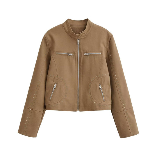 Damen Kurze Velours-Optik Jacke mit Stehkragen, Ziernähten, Nietenapplikation und Reißverschlusstaschen Shop Nory