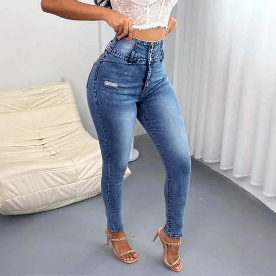 Damen Hochtaillierte Skinny-Jeans mit taillenformendem Mehrfachknopf und modellierender Seitennaht Shop Nory