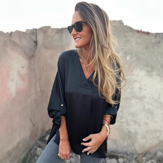 Damen Leichtes V-Ausschnitt Tunika-Bluse mit aufgekrempelten Ärmeln und lockerer Passform Shop Nory