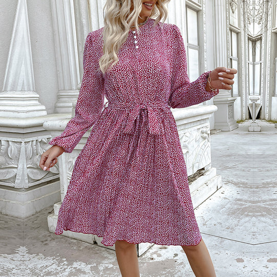 Damen Midikleid mit Taillenband, lockerem Stufenrock und langen Ballonärmeln Shop Nory