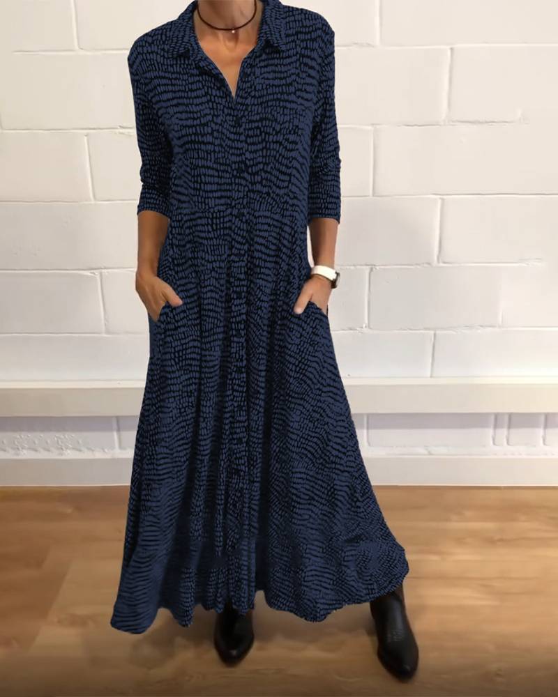 Damen nan fließendes Maxikleid mit Hemdblusenkragen, V-Ausschnitt, dreiviertelärmeln und Seitentaschen