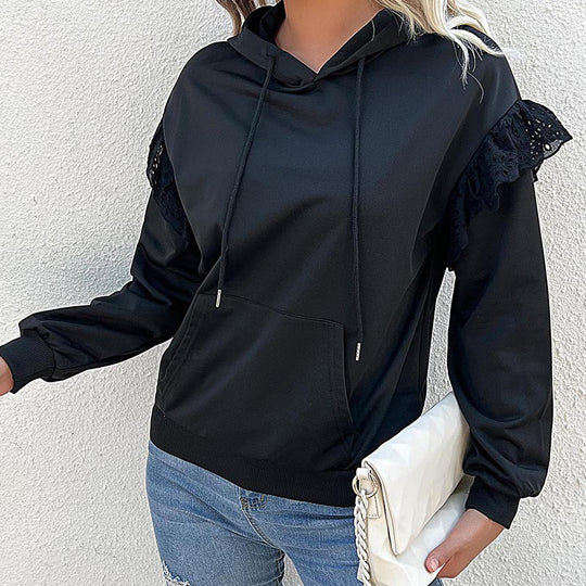 Damen Kapuzenpullover mit Spitzenvolant, Kängurutasche & Rippbündchen Shop Nory