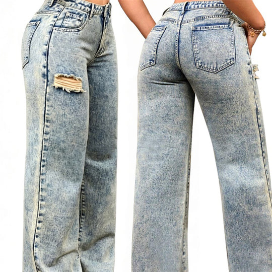 Damen High-Waist Relaxed-Jeans mit Steinwasch-Effekt und seitlichem aufgerissenem Einsatz Shop Nory