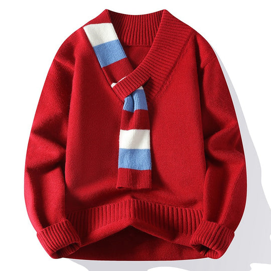 Herren V-Ausschnitt Strickpullover mit integriertem Kontraststreifen-Schal und gerippten Bündchen Shop Nory