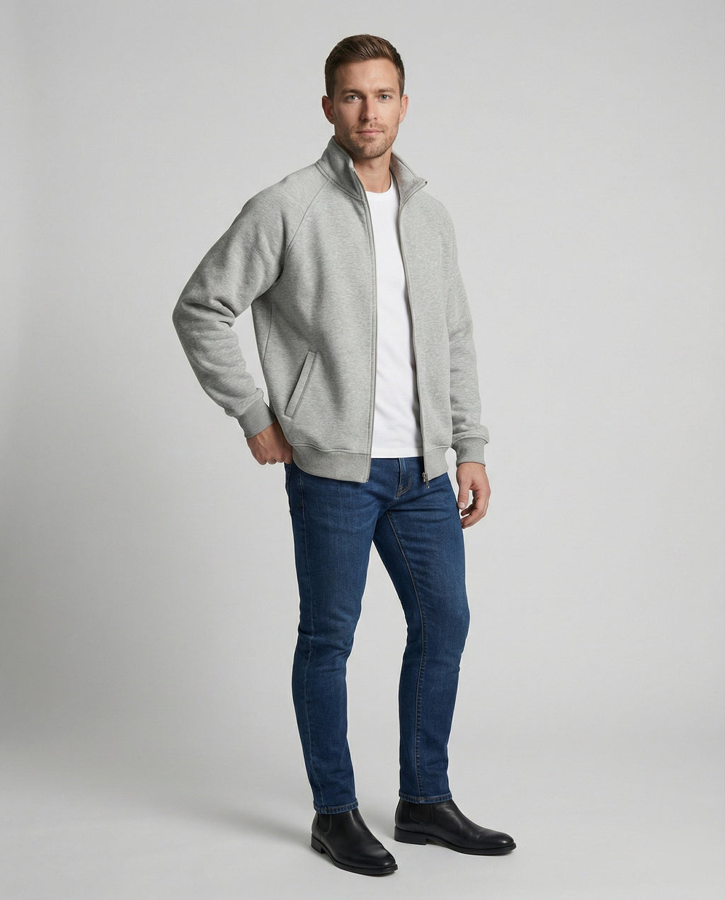 Herren weit geschnittene Sweatjacke mit Stehkragen und durchgehendem Reißverschluss Shopnory