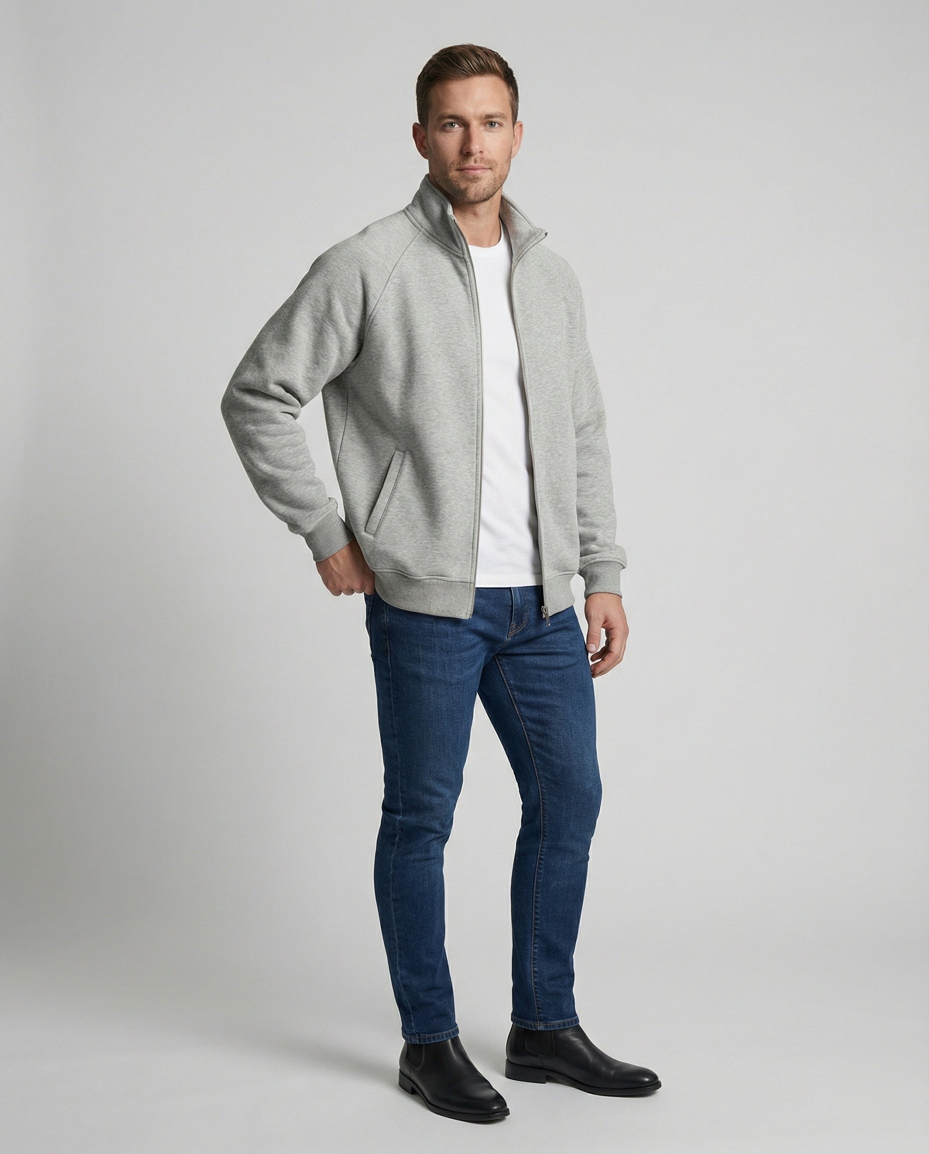 Herren weit geschnittene Sweatjacke mit Stehkragen und durchgehendem Reißverschluss Shopnory