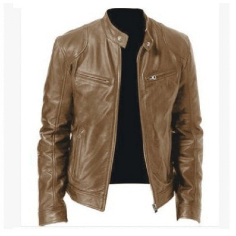 Herren schlanke Echtleder-Bikerjacke mit Stehkragen, zwei Brust-Reißverschlusstaschen und geradliniger Silhouette Shop Nory