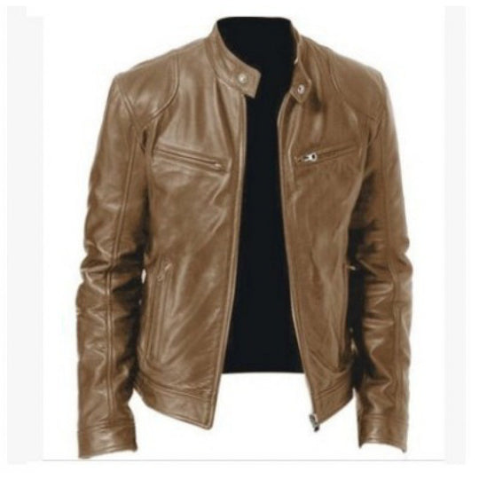 Herren schlanke Echtleder-Bikerjacke mit Stehkragen, zwei Brust-Reißverschlusstaschen und geradliniger Silhouette Shop Nory