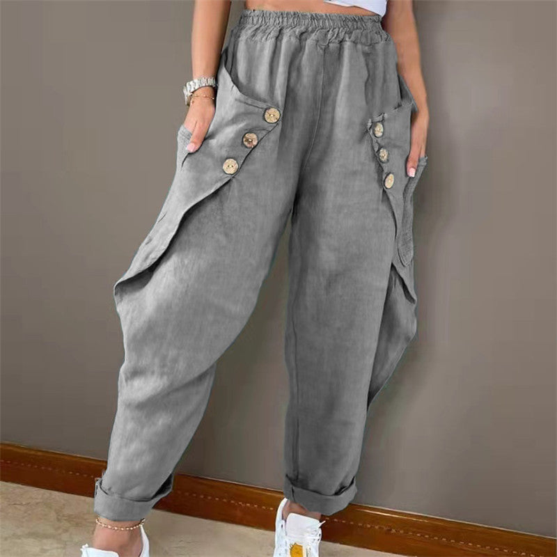 Damen lässige Sommerhose mit Knopfdetails und praktischen Seitentaschen