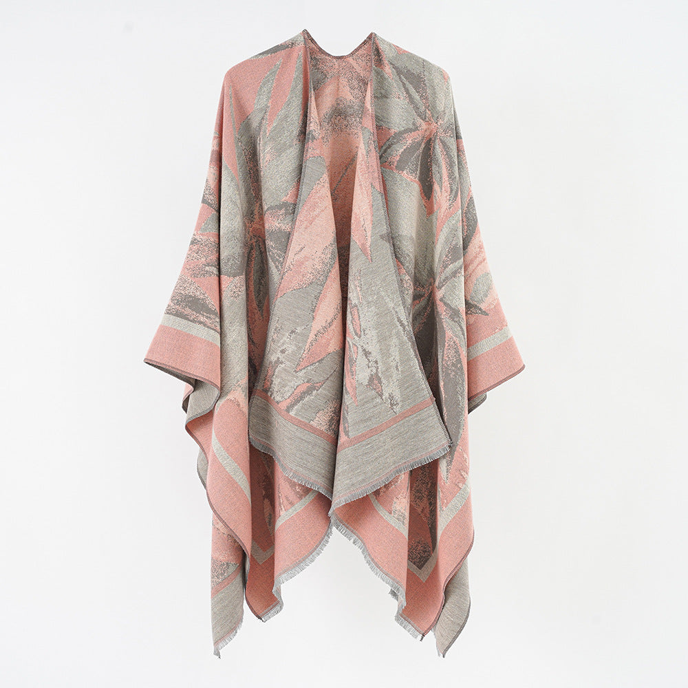 Damen Jacquard-Überwurfponcho mit floral-abstrakter Webstruktur und weichfallendem Oversize-Cape Shop Nory