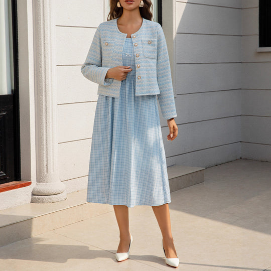 Damen Zweiteiliges Bouclé-Jacken-Set mit tailliertem Gingham-Midikleid Shop Nory