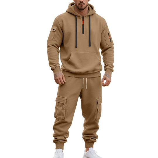 Herren nan zweiteiliges Utility-Freizeitset Hoodie mit halbhohem Reißverschluss, Ärmeltasche und Cargo-Jogginghose mit Klappentaschen Shop Nory