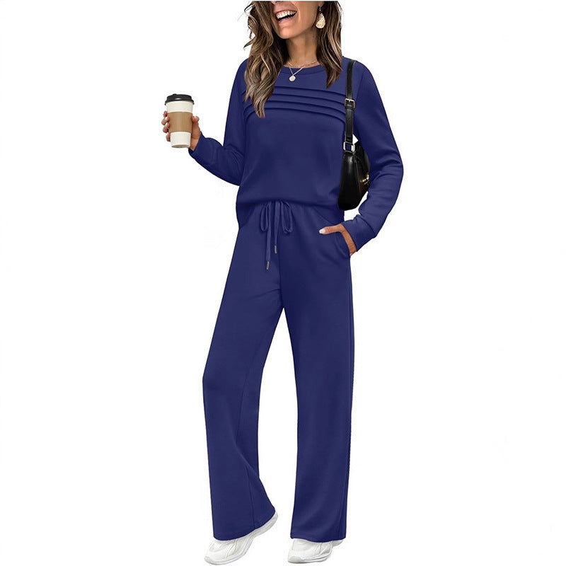 Damen Zweiteiliges Lounge-Set mit Plissee-Detail, Rundhals-Sweatshirt und weitem Kordel-Hose Shop Nory
