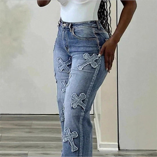 Damen Hochtaillierte Straight‑Leg‑Jeans mit Fransen‑Kreuz‑Applikationen Shop Nory