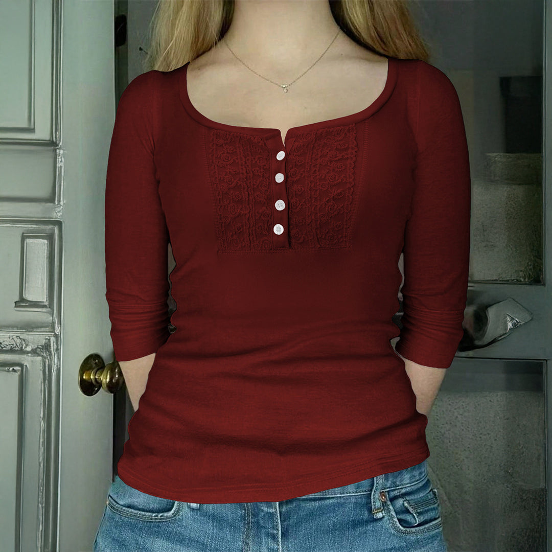 Damen nan tailliertes Langarmshirt mit quadratischem Ausschnitt, Knopfleiste und feiner Spitzenblende Shop Nory