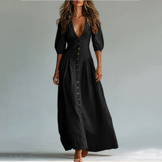 Damen Maxikleid mit tiefem V-Ausschnitt, durchgehender Knopfleiste und Ballonärmeln Shop Nory