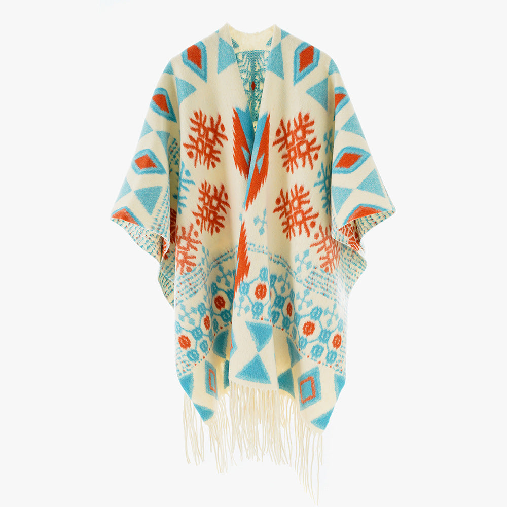 Damen Jacquard Überwurfcape aus feinem Strick mit Paisley-Bordüre Shop Nory