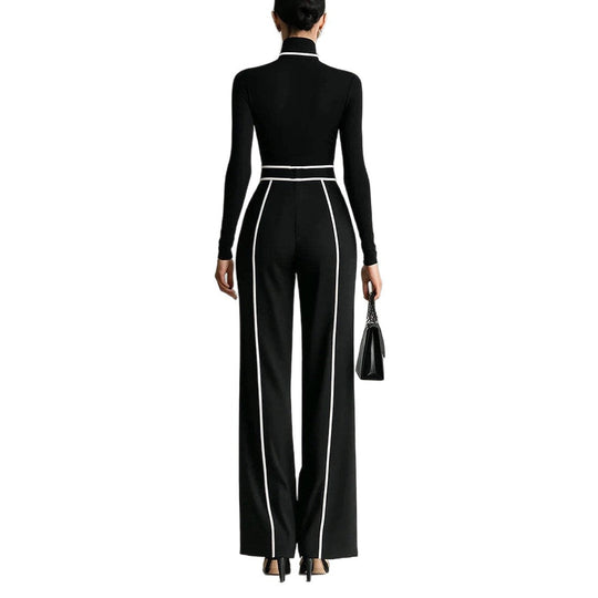 Damen nan elegantes Strickset mit tailliertem Rollkragenoberteil und weiter Plisseehose mit Taillengürtel