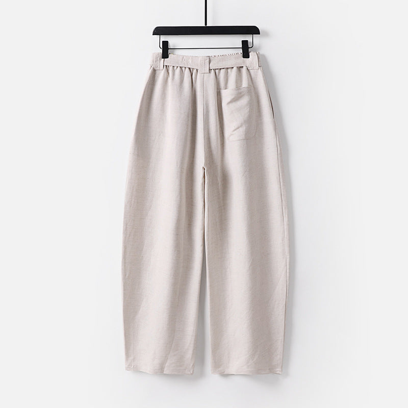 Damen Hochgeschnittene weite Leinenmix-Hose mit Bundfalten und Stoffgürtel Shop Nory