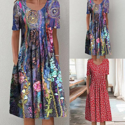 Frauen Mehrfarbige A-Linien Midi Kleid mit Taschen und Abstraktem Blumenmuster Shop Nory
