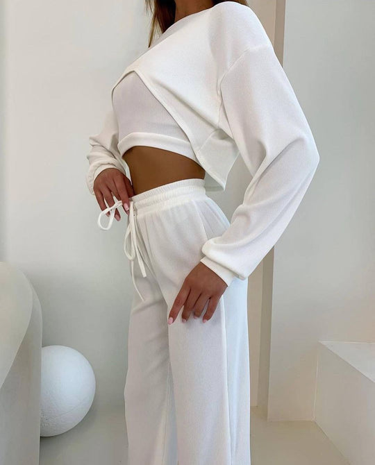 Damen Ripp-Lounge-Set mit Cut-Out Croptop, Oversize Cropped Pullover und High-Waist Jogginghose Shop Nory
