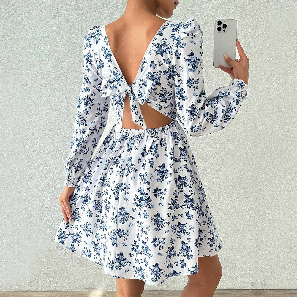 Damen florales Minikleid mit quadratischem Ausschnitt tailliertem Schößchen und langen Puffärmeln Shop Nory