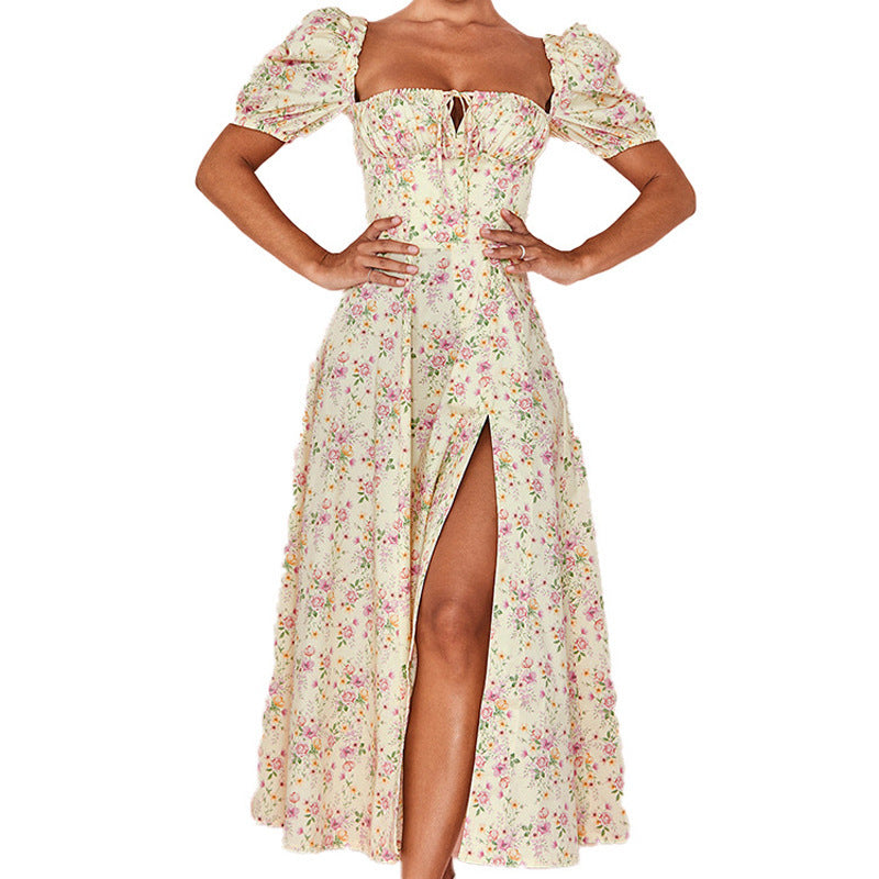 Damen Maxi-Kleid mit Puffärmeln und floralem Design