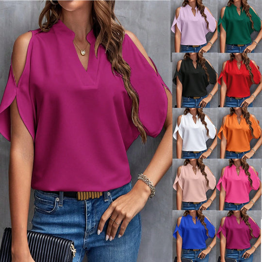 Damen Schulterfreie Chiffonbluse mit V-Ausschnitt und Stehkragen Shop Nory