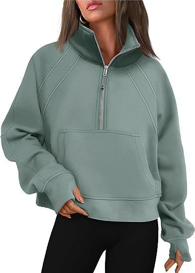 Damen sportlicher Hoodie mit kurzem Reißverschluss und praktischer Kängurutasche Shopnory
