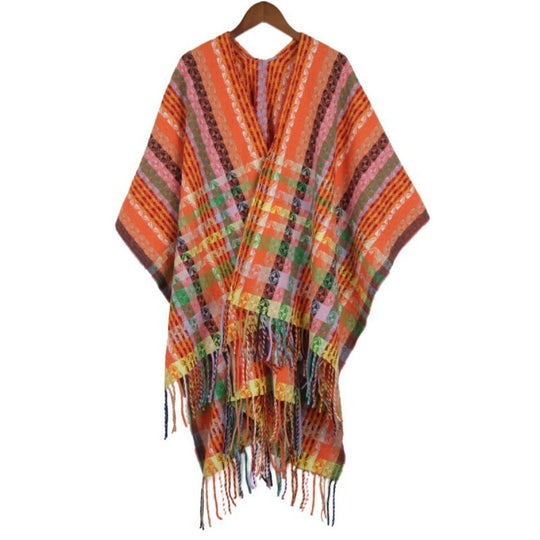Damen Mehrfarbiger Web‑Poncho im Boho‑Patchwork‑Design mit Fransen Shop Nory