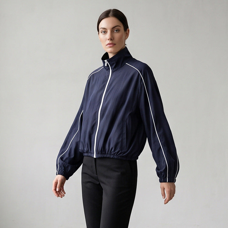 Damen Leichte sportliche Trackjacke mit Stehkragen, Kontrastpaspel und elastischem Bund Shop Nory