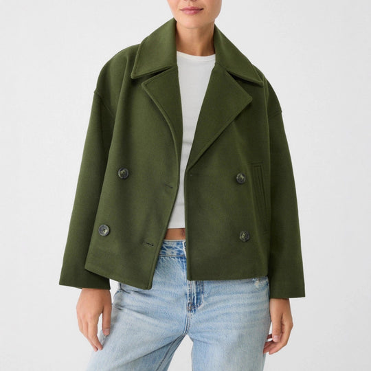 Damen nan kurz geschnittener Zweireiher Wollmix-Peacoat mit überbreitem Revers und kastiger Silhouette Shop Nory