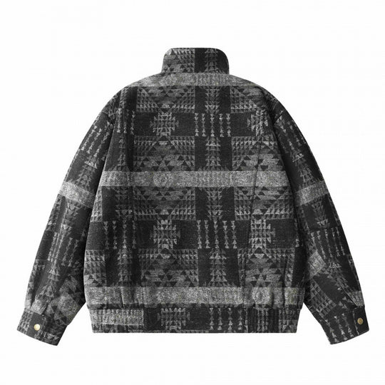 Unisex Kastenförmige Jacquard-Wolljacke im Bomberstil mit Stehkragen, Pattentaschen und elastischem Saum Shop Nory